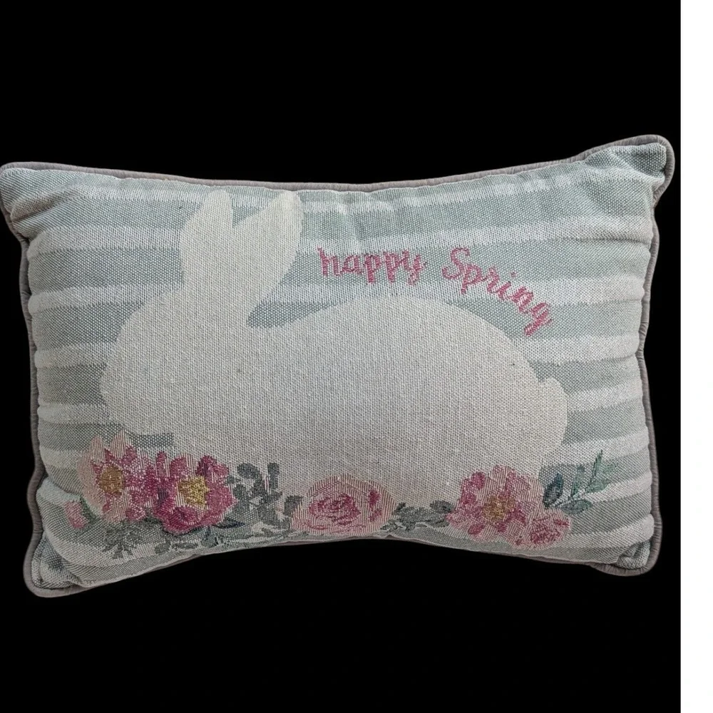 Happy Spring Bunny Floral Striped Lumbar Throw Pillow Blue‎ Pink 12x8